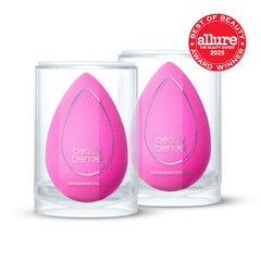 Beautyblender Nude sponge close-up, versatile for foundation, concealer, and highlighter.