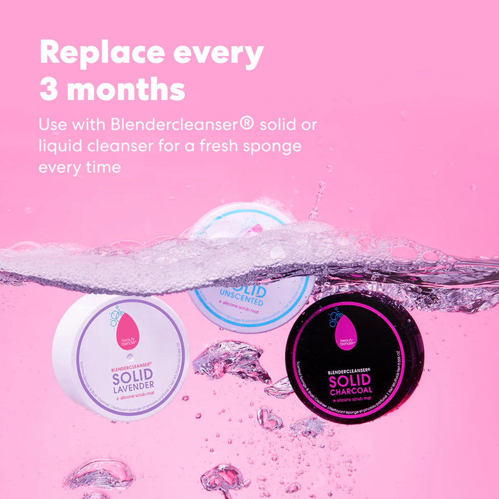 Beautyblender Original Pink sponge close-up shows soft buoyant foam for comfortable blending.