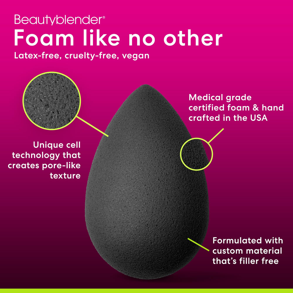 Beautyblender Pro black sponge closeup demonstrates dye-free transfer and stain resistance.