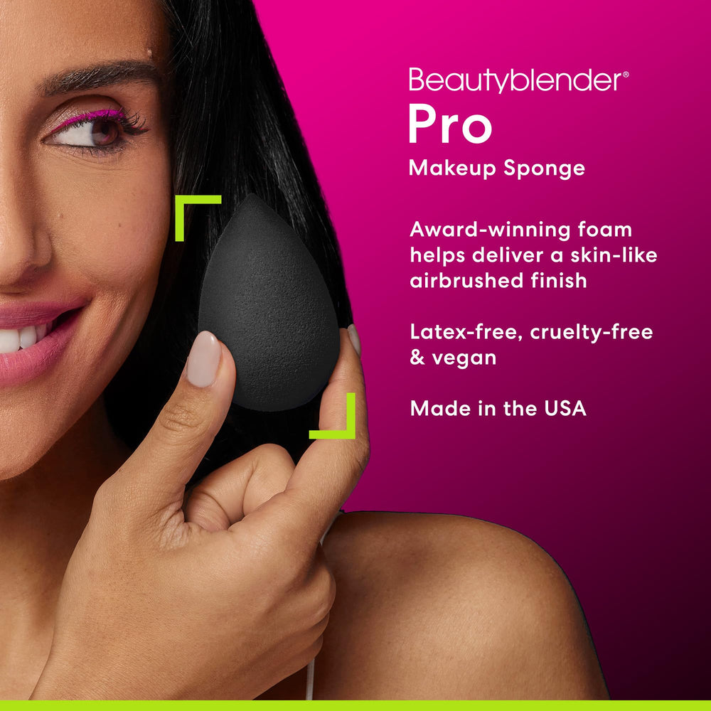 Beautyblender Pro large rounded surface enables fast foundation blending across cheeks.