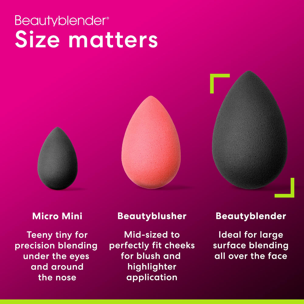 Beautyblender Pro near makeup palette illustrates multi-use sponge for foundations and powders.