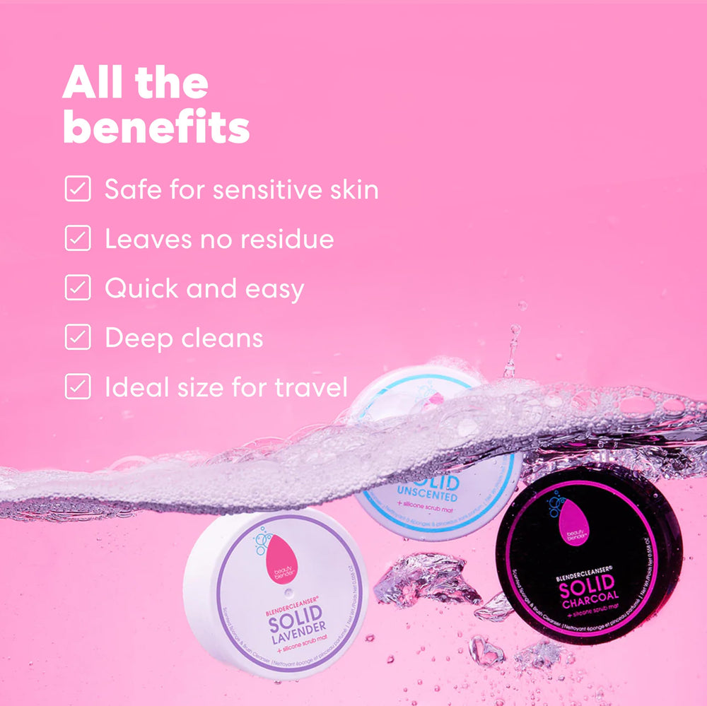 Beautyblender Blendercleanser Solid Lavender bar cleans sponges for a fresher finish.