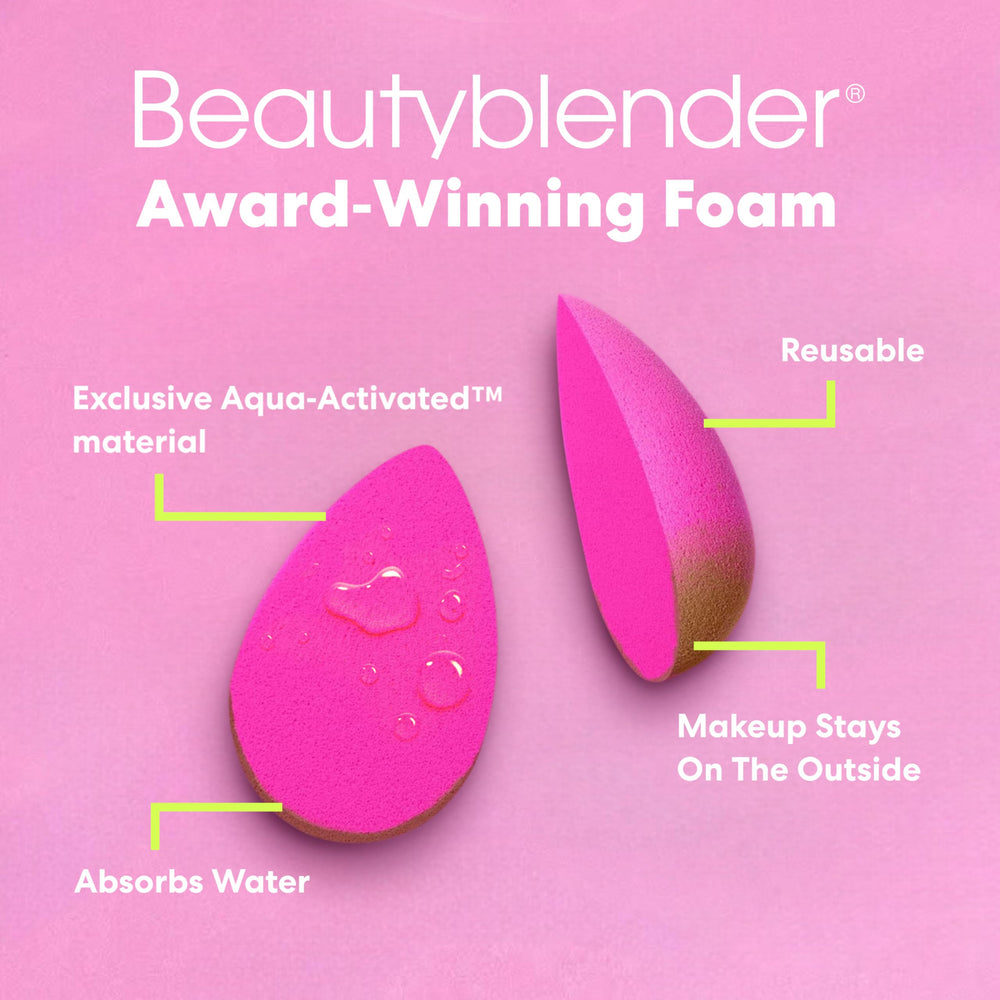 Beautyblender sponges shown as washable and reusable for long-term use.