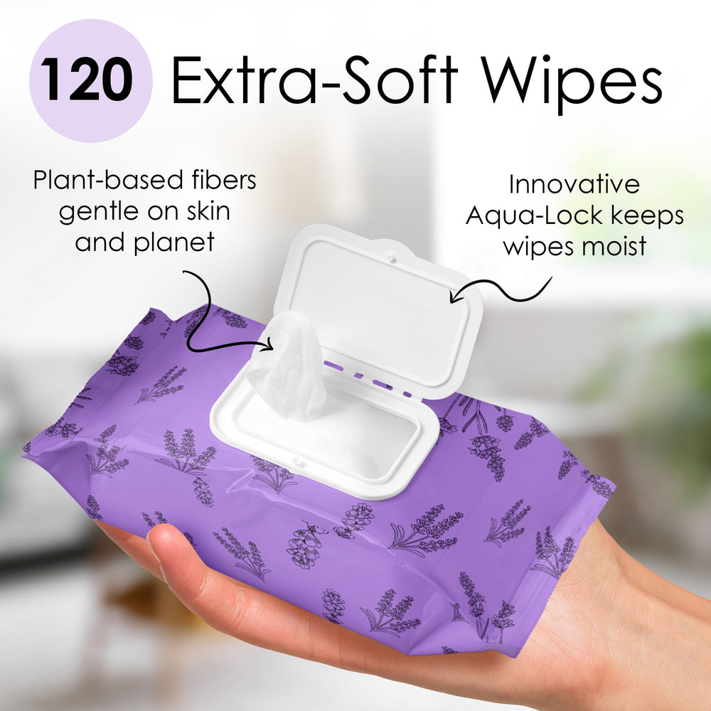 BeautyFrizz Lavender Face Wipes Aloe and Castor ingredients illustration.