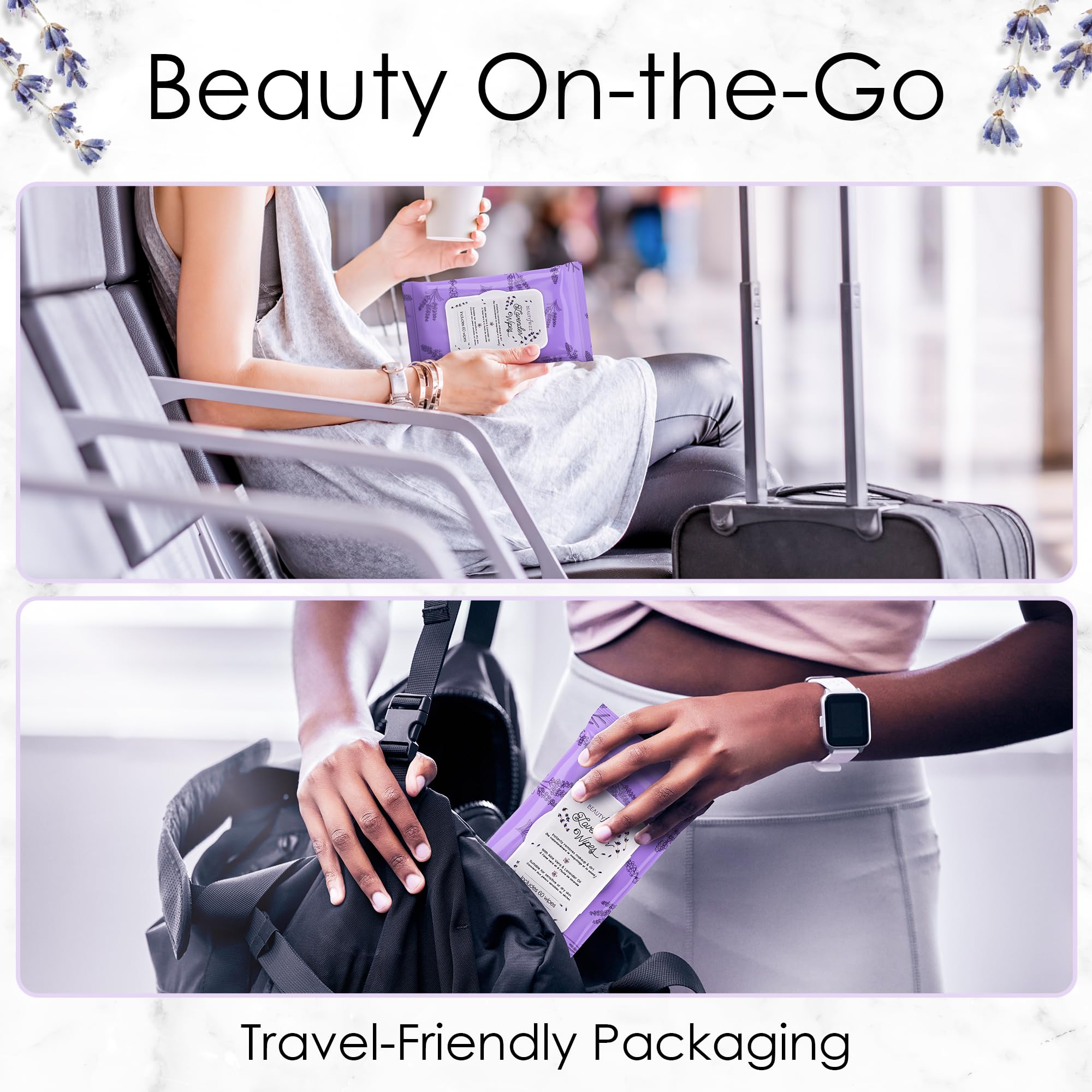BeautyFrizz Lavender Face Wipes travel-friendly compact for on-the-go.