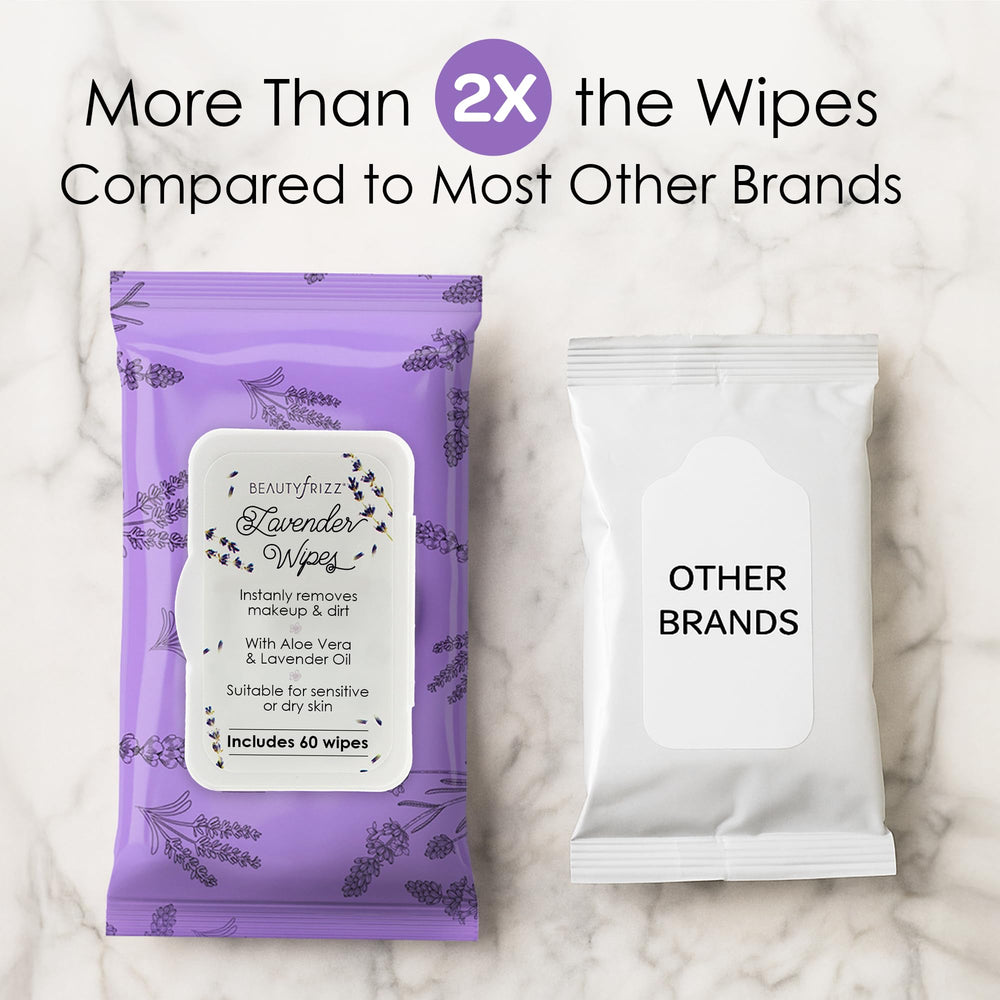 BeautyFrizz Lavender Face Wipes back shows 60-count packaging.
