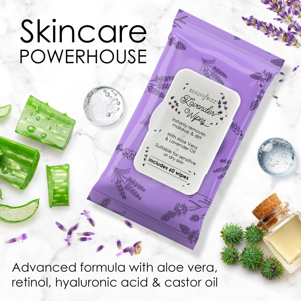 BeautyFrizz Lavender Face Wipes lavender flowers emphasize calming scent.