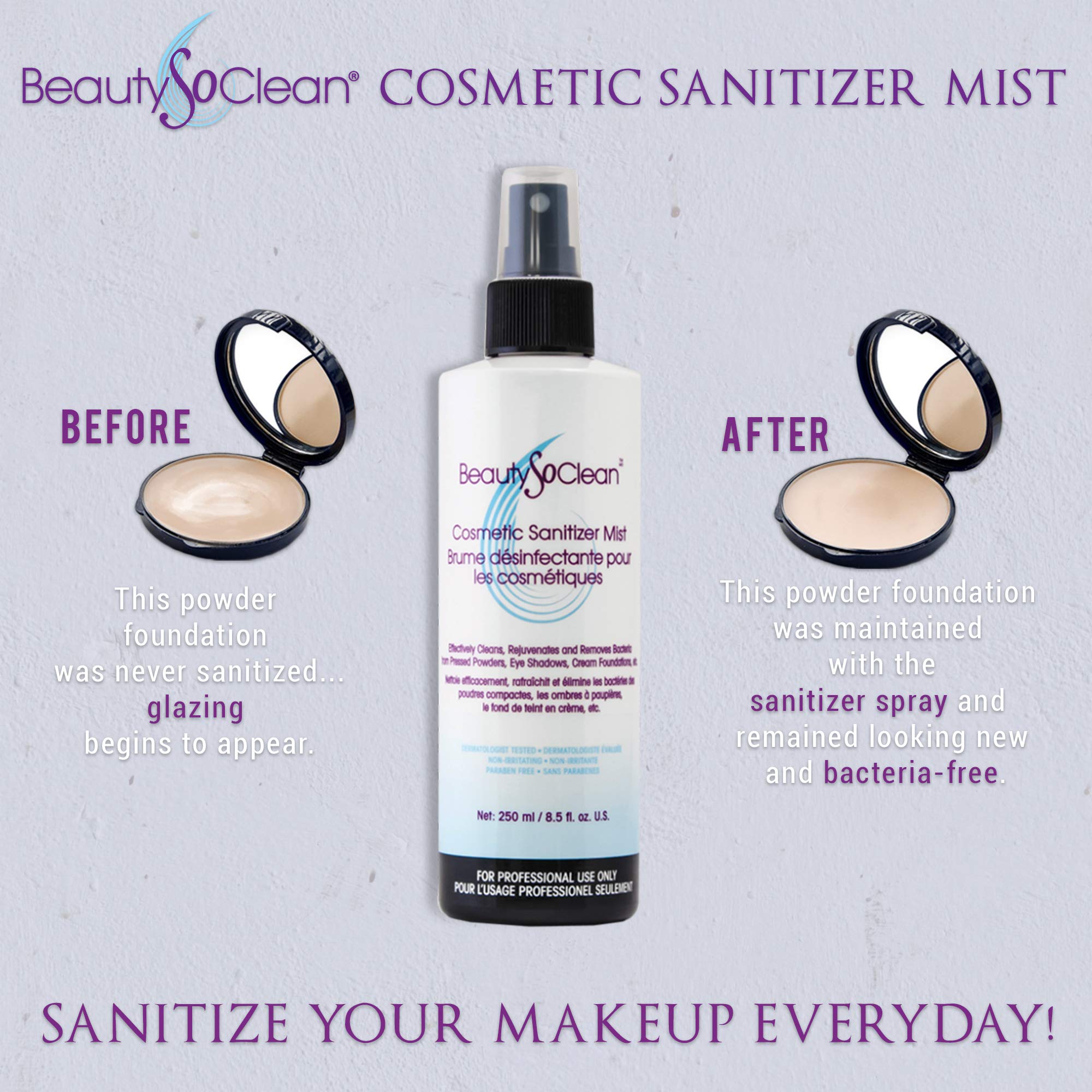 Beautysoclean Cosmetic Sanitizer Mist near a bronzer swatch showing quick sanitizing