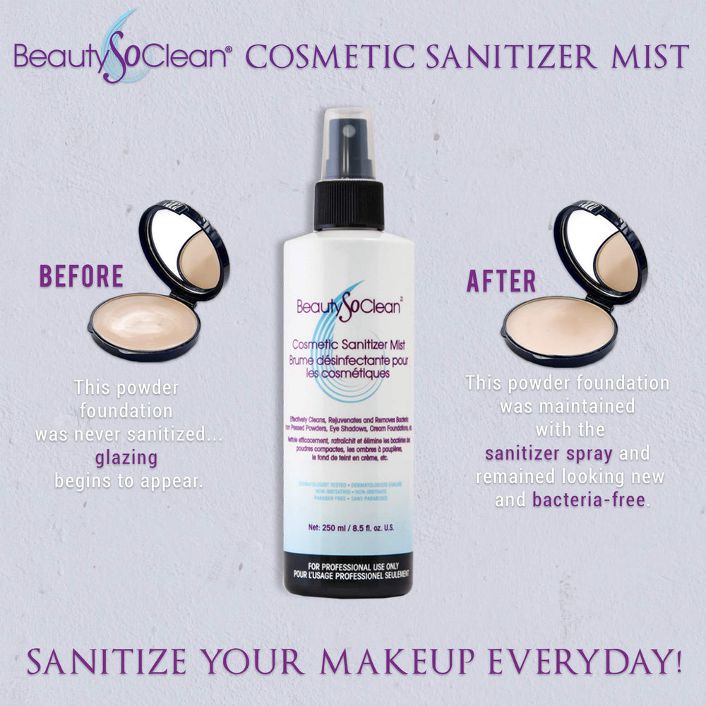 Beautysoclean Cosmetic Sanitizer Mist near a bronzer swatch showing quick sanitizing