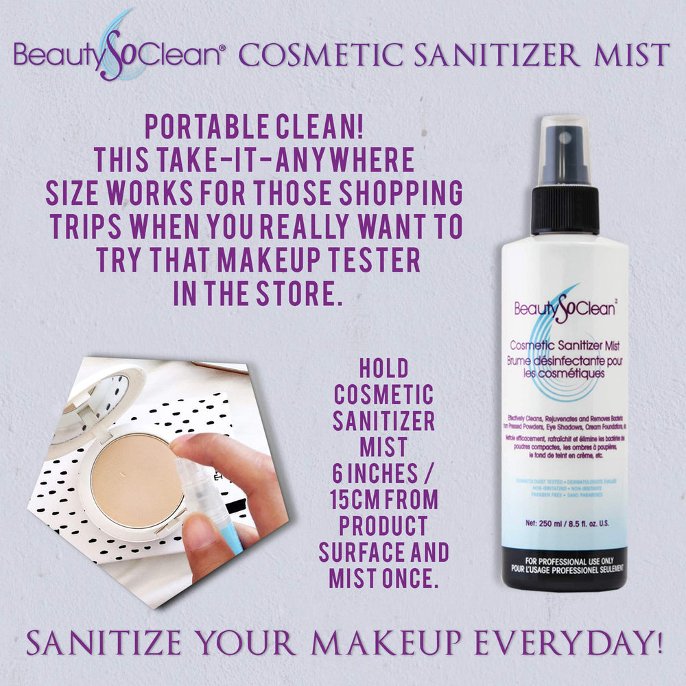 Beautysoclean Cosmetic Sanitizer Mist on an eyeshadow palette for residue-free use