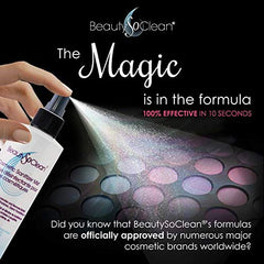Beautysoclean Cosmetic Sanitizer Mist applied to a powder palette surface for cleanliness