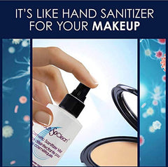 Beautysoclean Cosmetic Sanitizer Mist being sprayed to sanitize a makeup surface