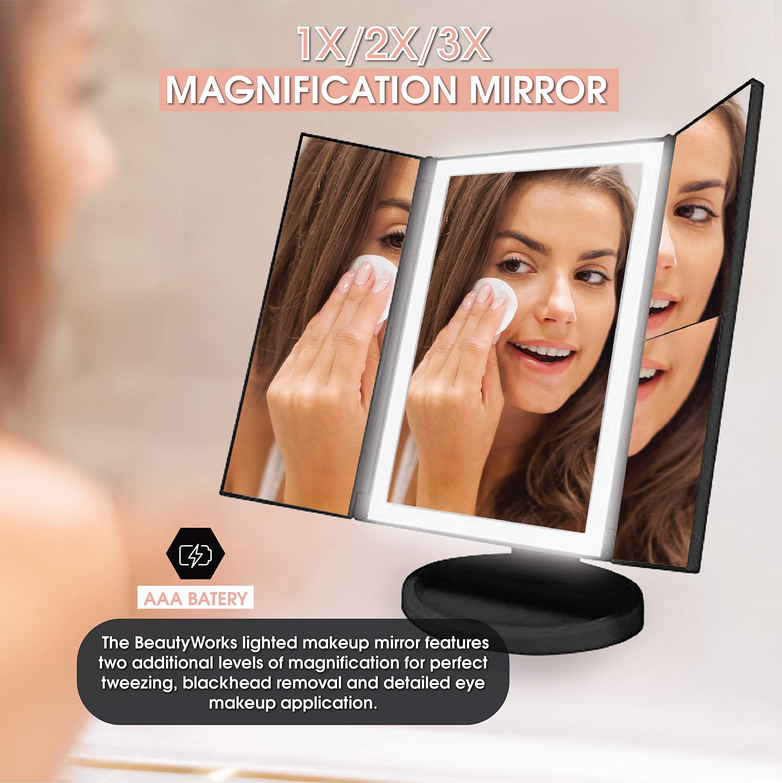Beautyworks midnight black makeup mirror shown on a compact vanity