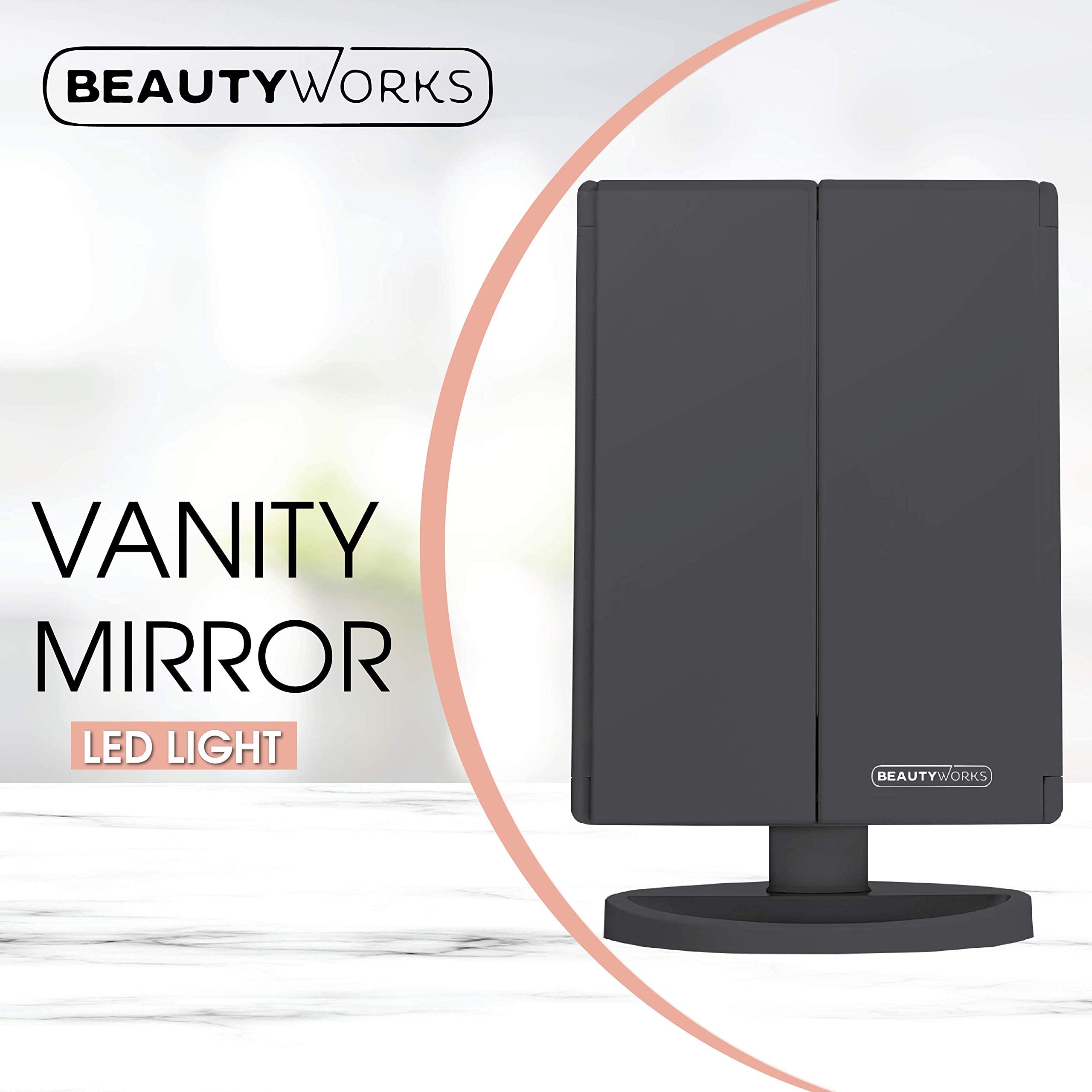 Beautyworks tri-fold vanity mirror showing 1x-3x magnification for detailed grooming