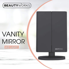 Beautyworks tri-fold vanity mirror showing 1x-3x magnification for detailed grooming