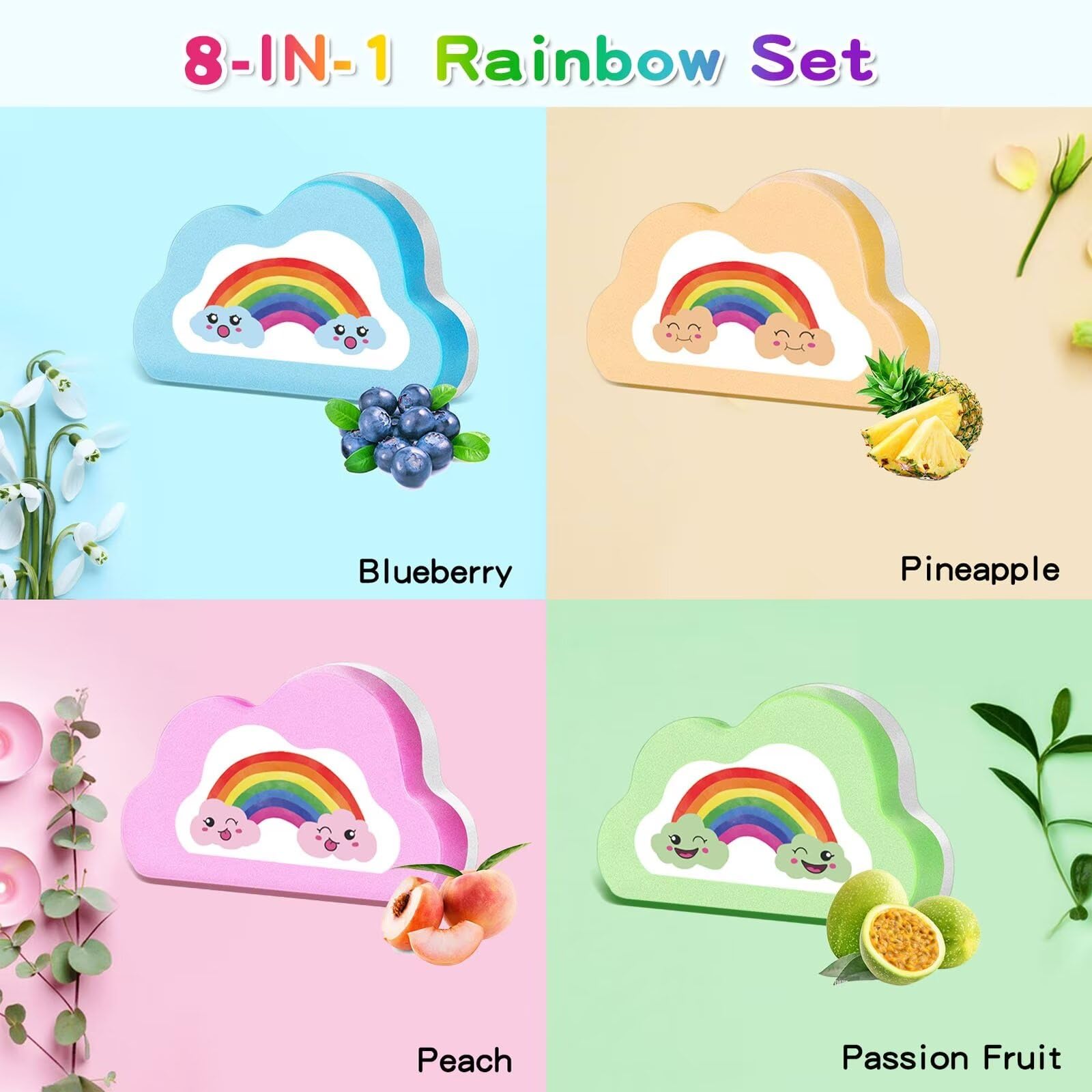 Beauwell Rainbow Bath Bombs eight-pack showing long-lasting fizz and bubbles.