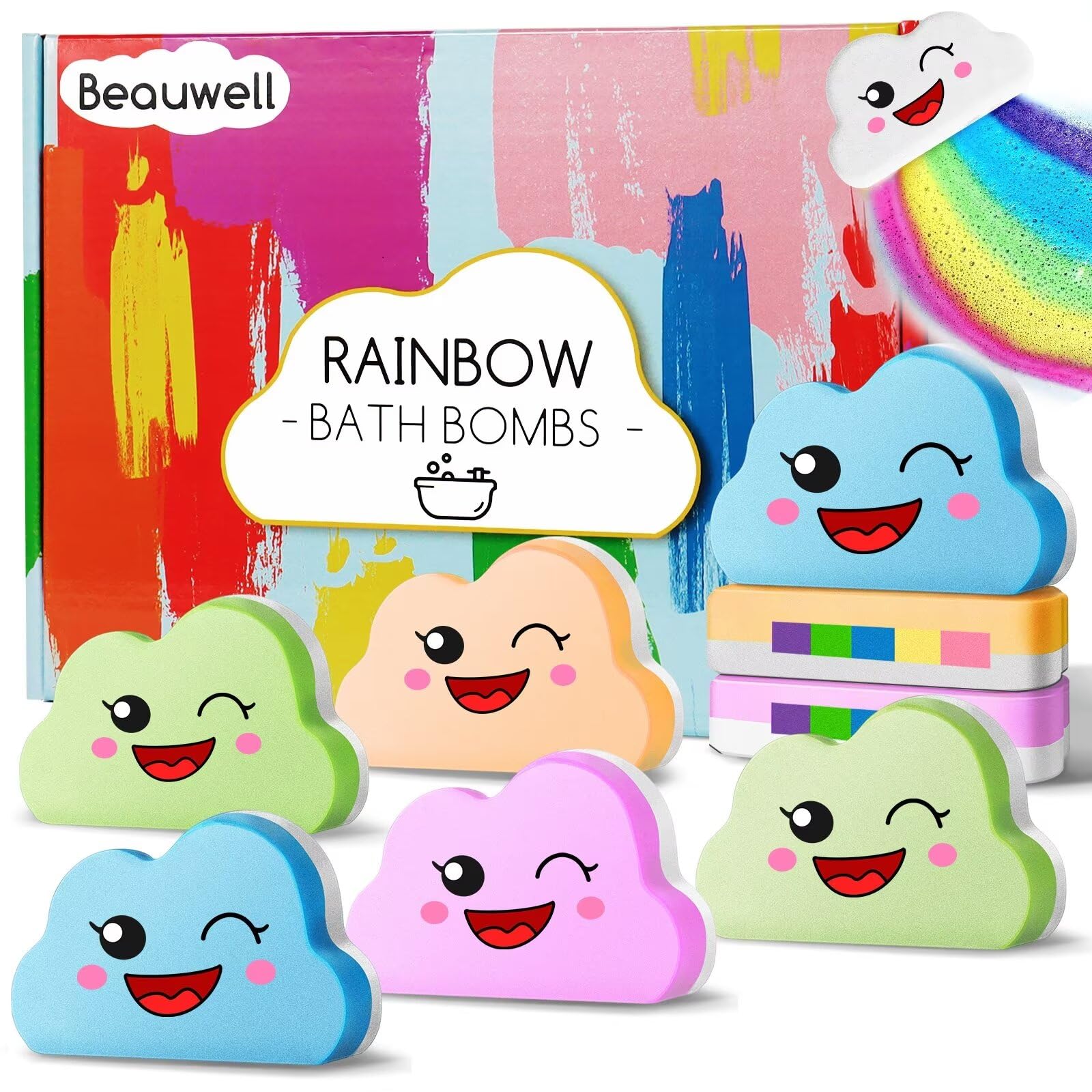 Beauwell Rainbow Bath Bombs gift set packaging showcases vibrant colors for gifting.