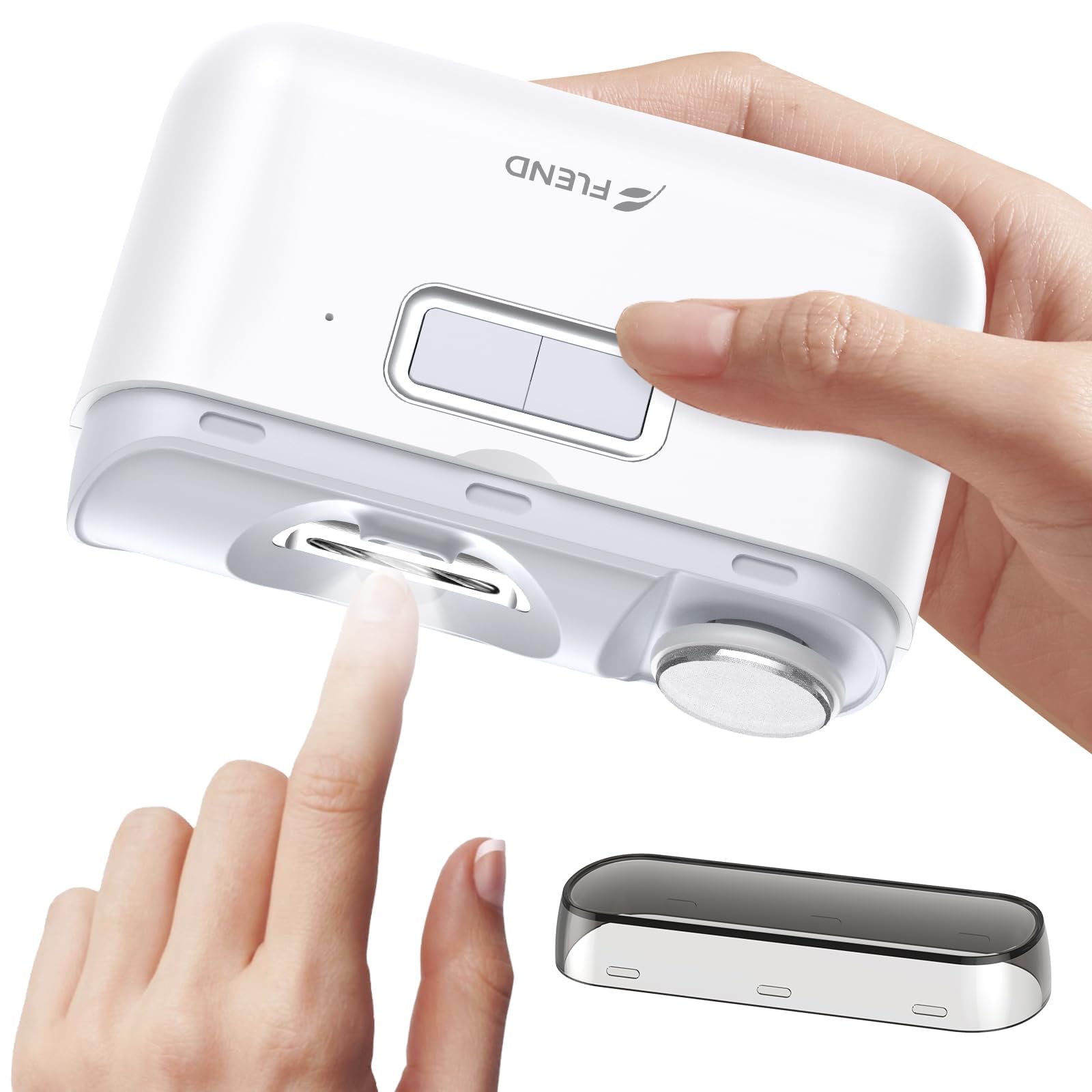 Beauzmo electric nail clipper front view shows 2-in-1 cutter and polisher for smooth nails.