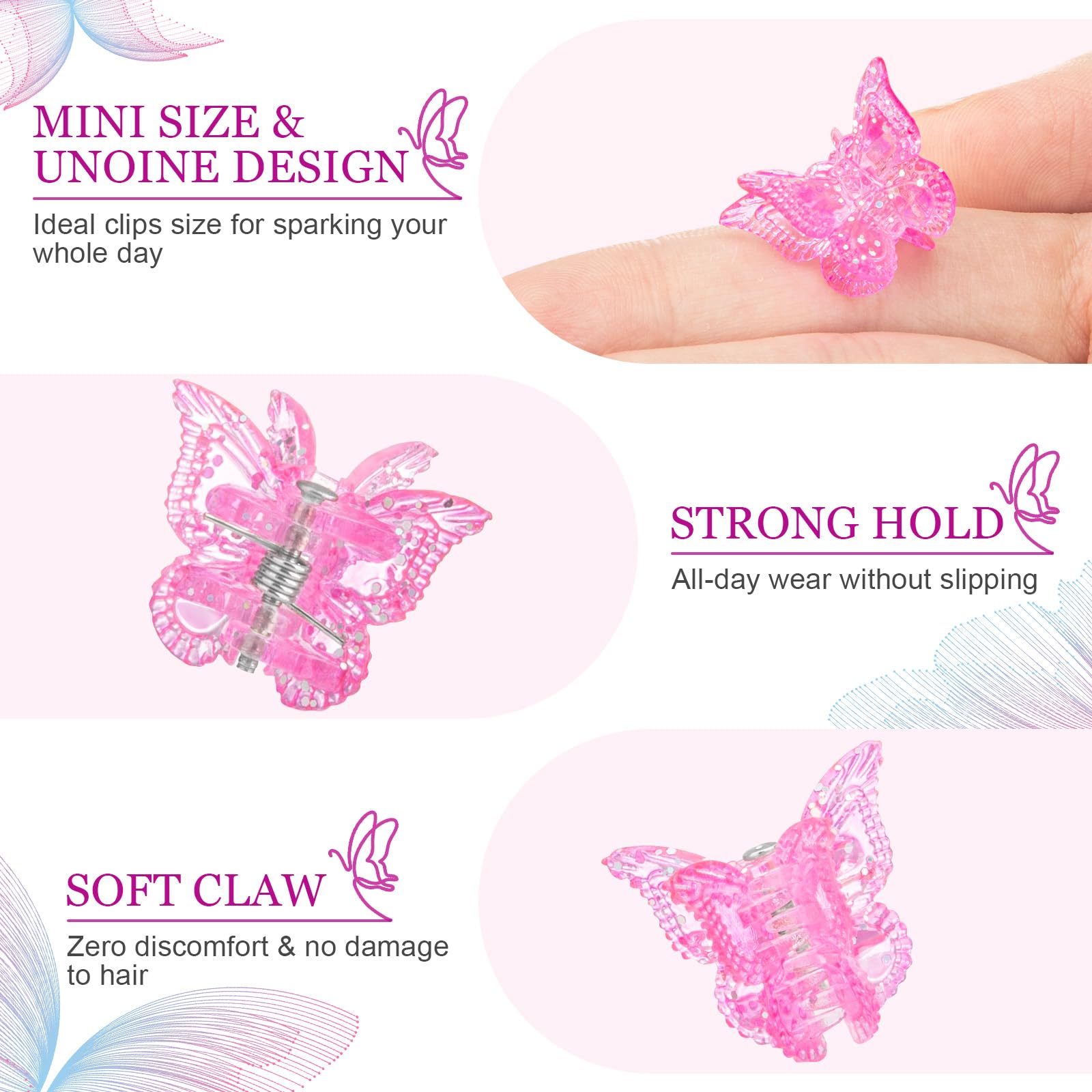 BEBEEPOO butterfly clip closeup highlights glitter detail and durable grip.