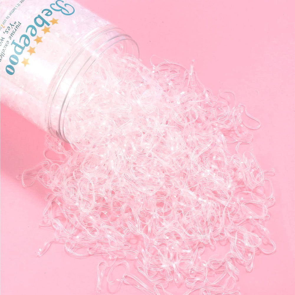 Caja plástica transparente BEBEEPOO para organizar gomas de pelo.