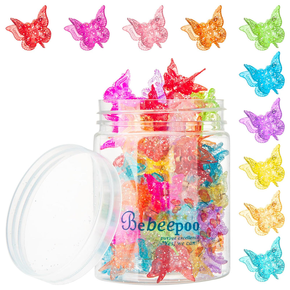 BEBEEPOO sparkly mini butterfly clips in glitter colors for vibrant hairstyles.