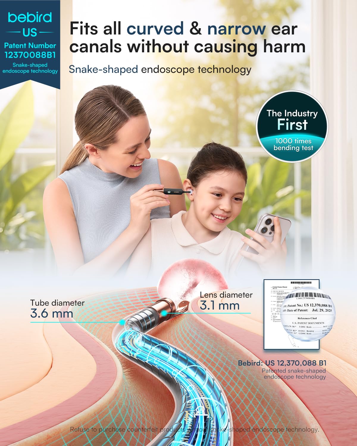 BEBIRD device streaming to smartphone showing guided earcare benefit