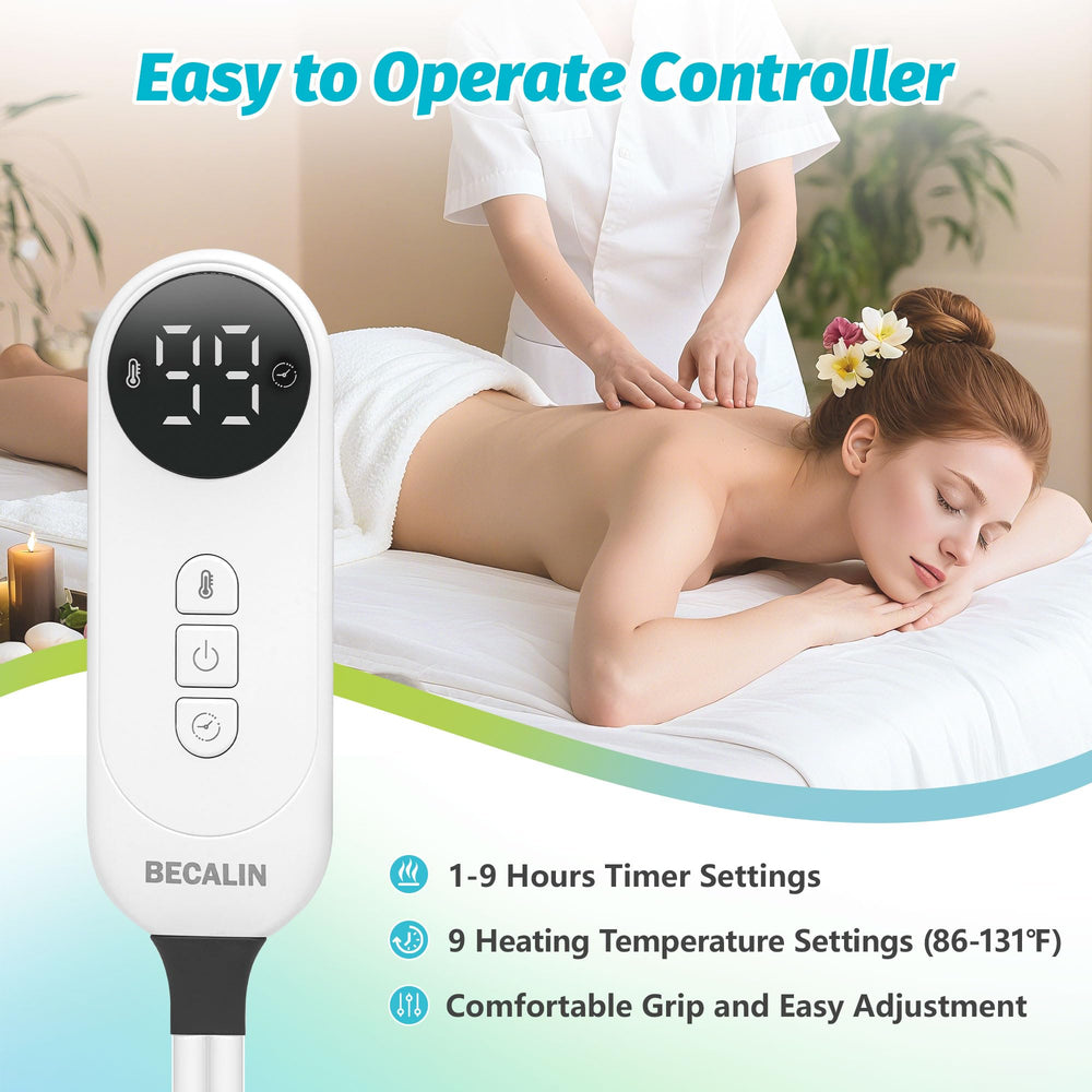 BECALIN massage table warmer digital timer display illustrating adjustable session lengths.