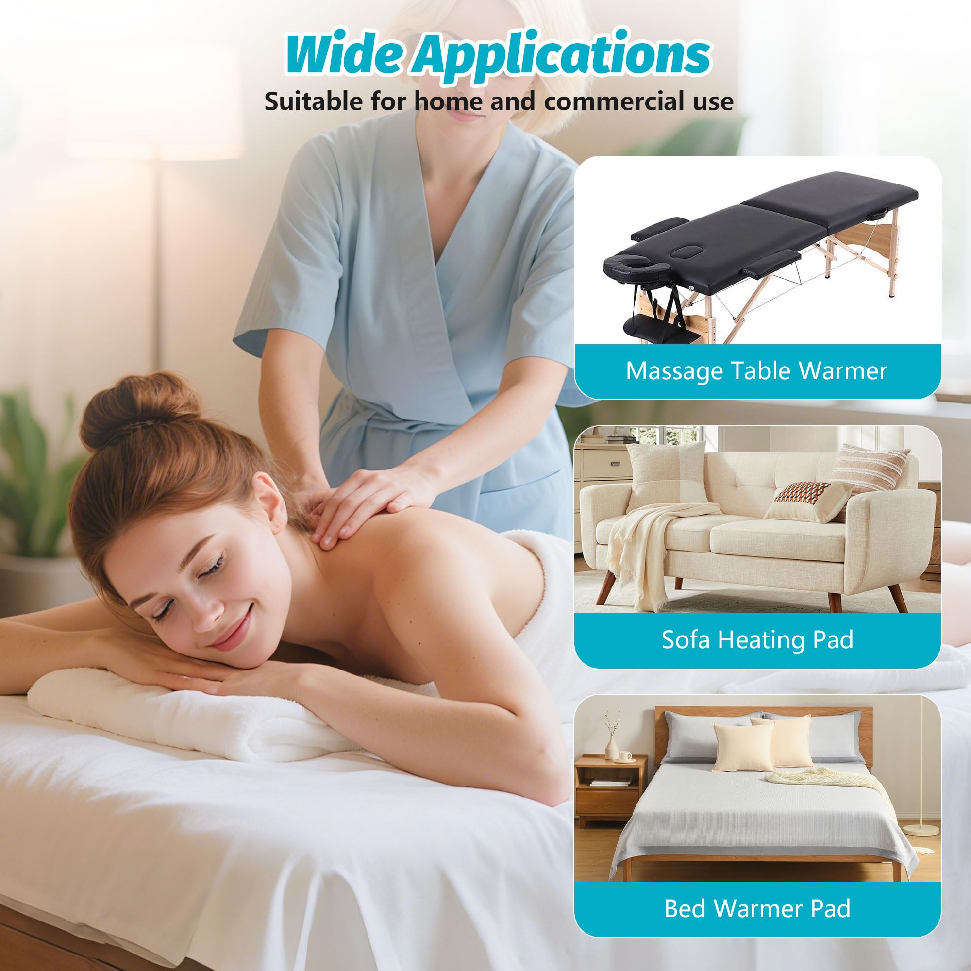 BECALIN warmer with elastic corner straps to secure it firmly on a massage table.