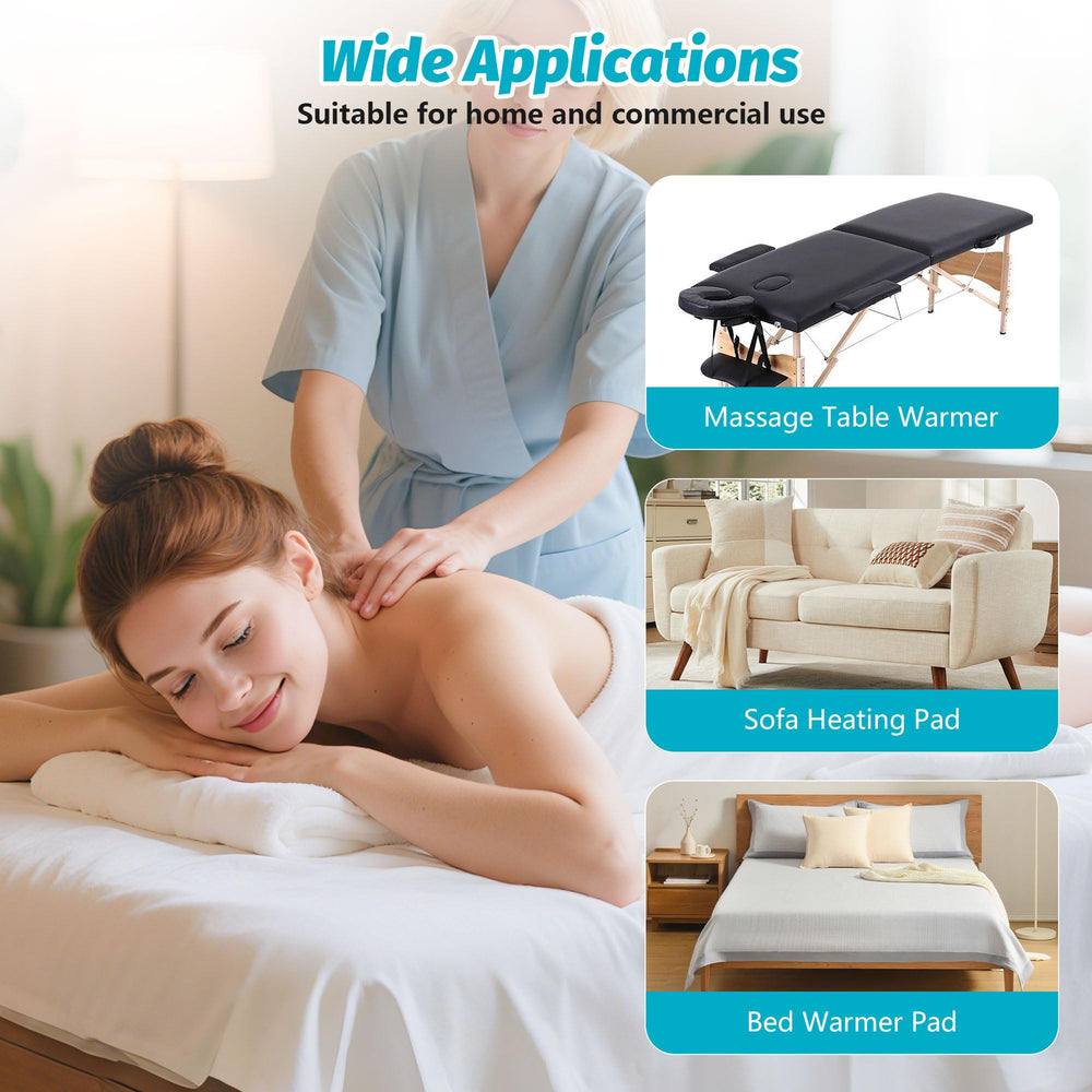 BECALIN warmer with elastic corner straps to secure it firmly on a massage table.
