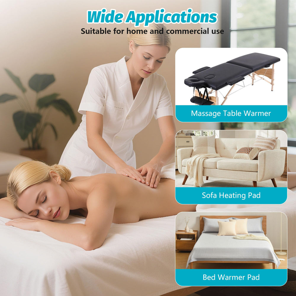 BECALIN massage table warmer overheat-protection closeup notes auto shutoff safety feature.