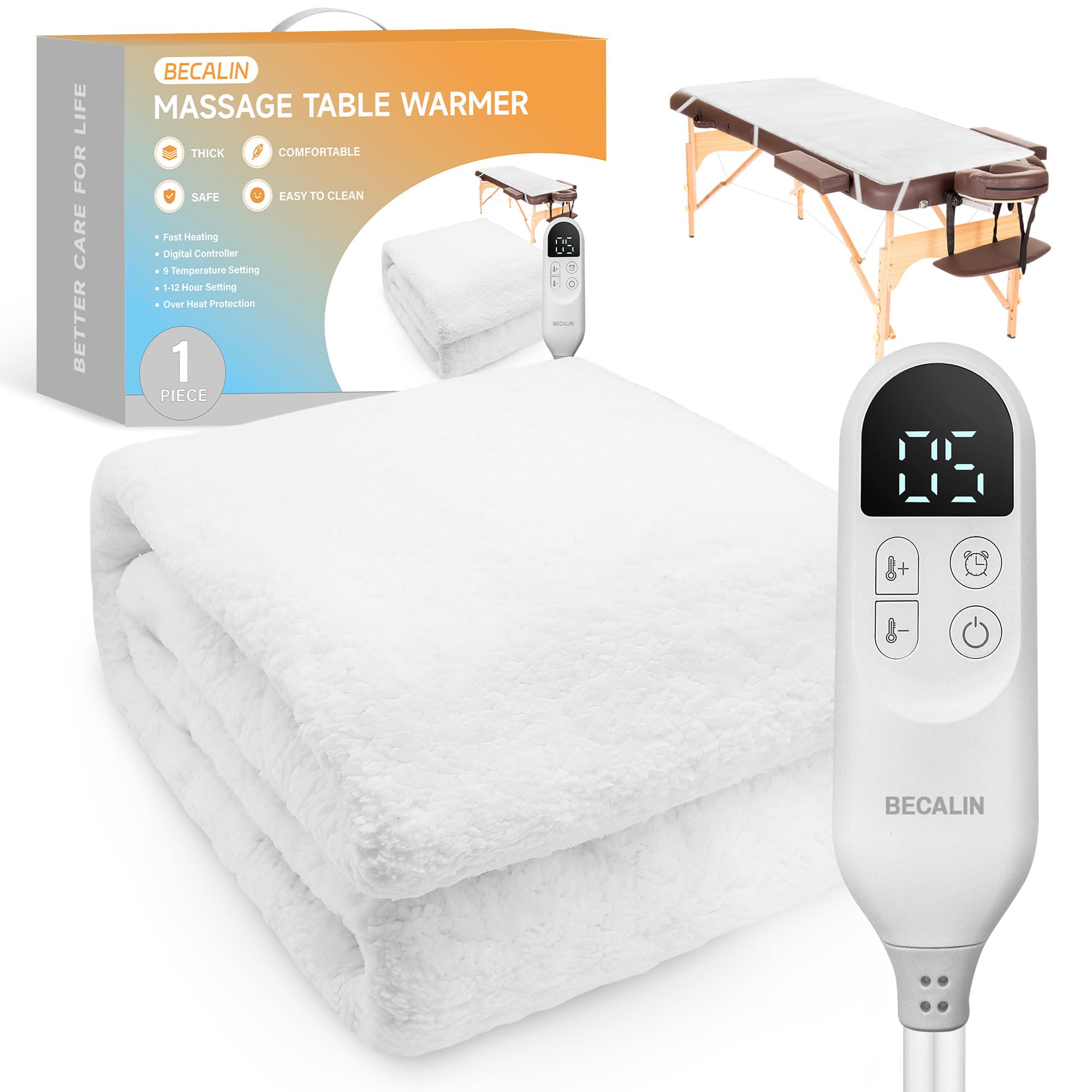 BECALIN massage table warmer pad on table delivers cozy warmth for sessions.