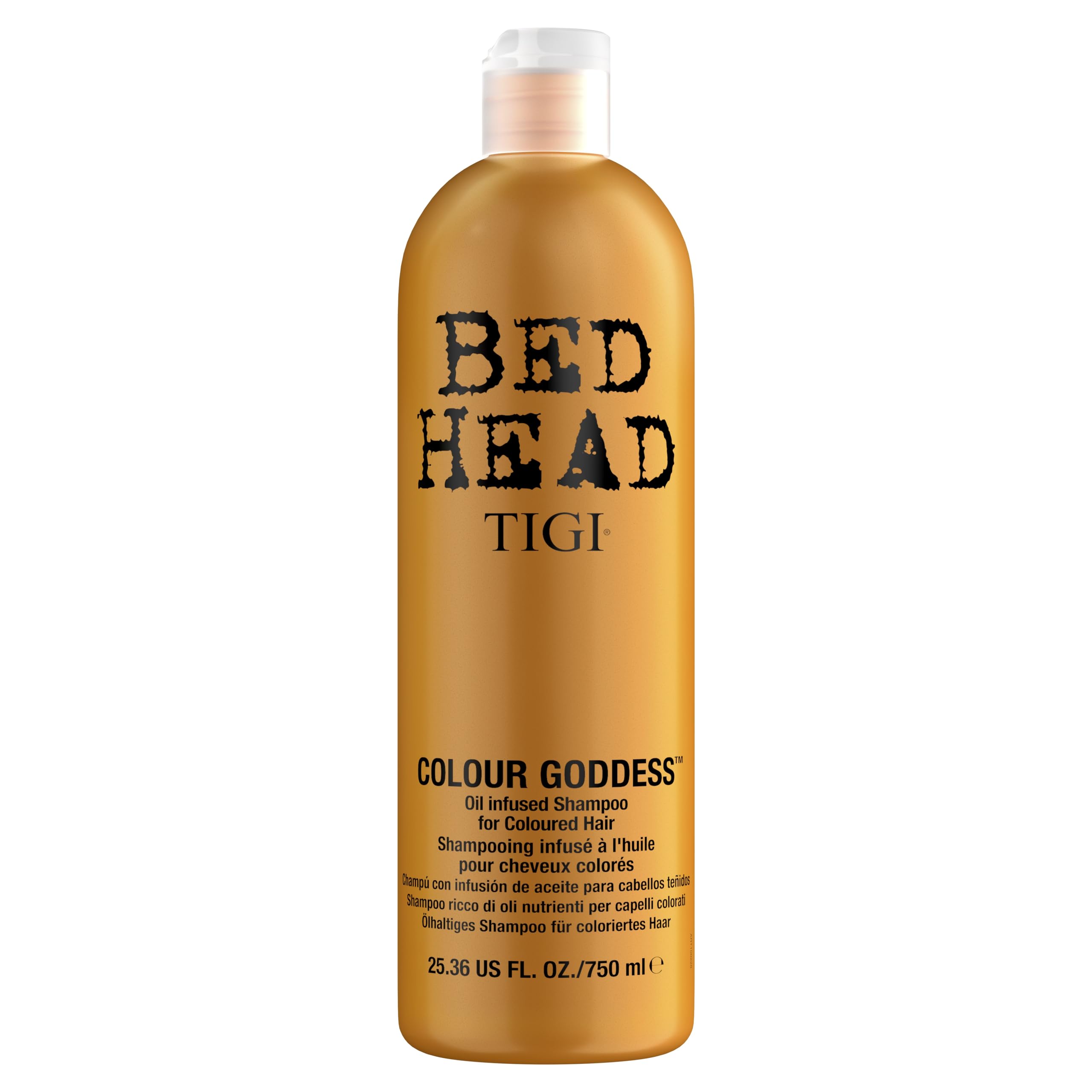 Bed Head Color Goddess Shampoo bottle closeup showcasing color protection and shine.