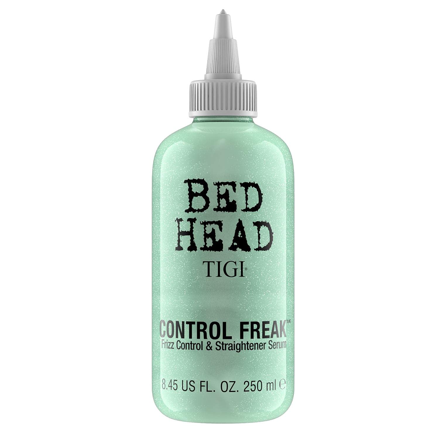 TIGI Bed Head Control Freak Serum bottle on wet hair for frizz control.