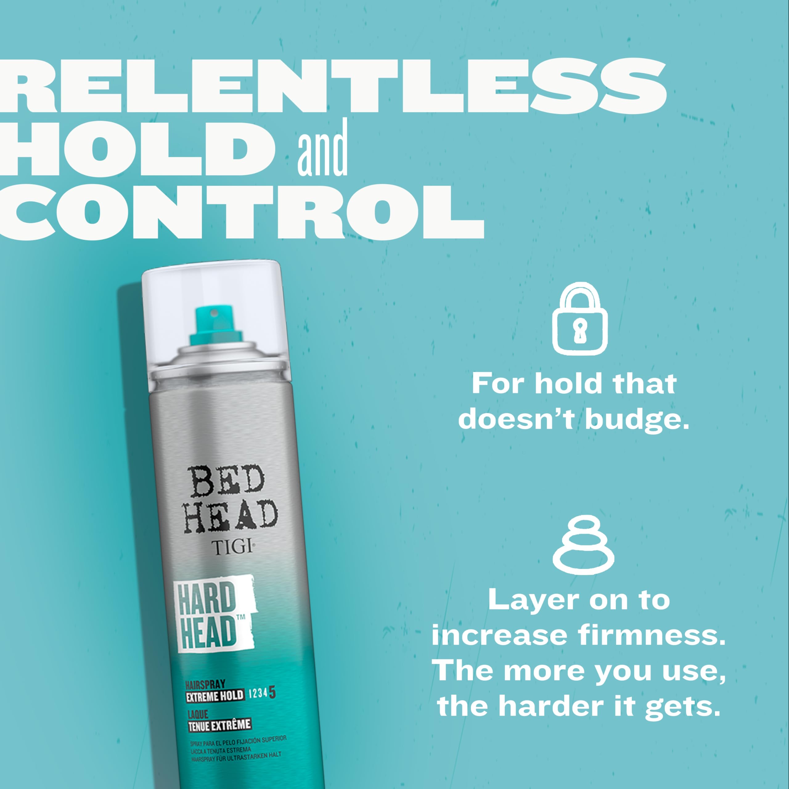 Bed Head Hard Head Hairspray on-the-go pack illustrates portable styling and reliable dry time.