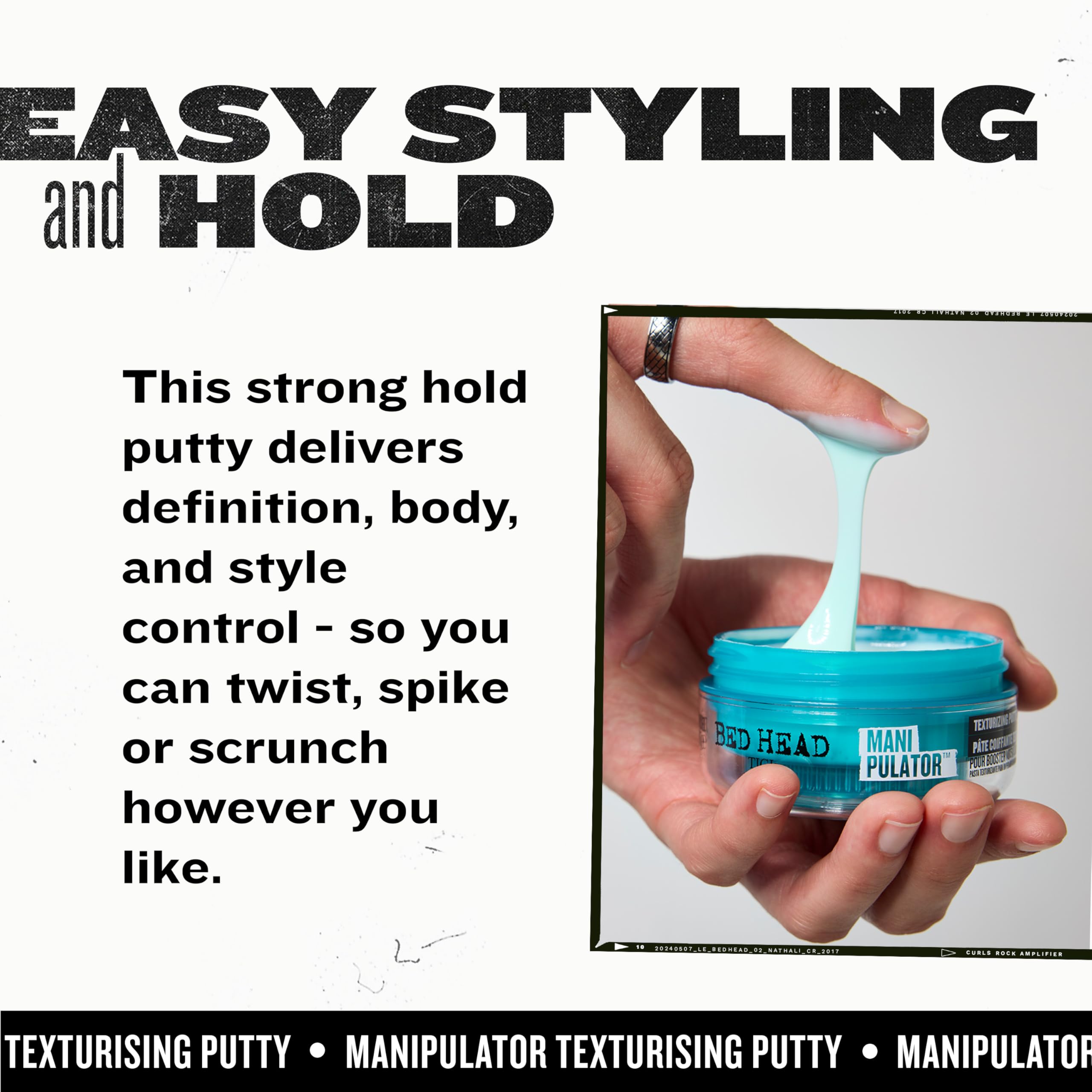 Bed Head Manipulator hair-model-swoosh displays defined texture for on-trend looks.