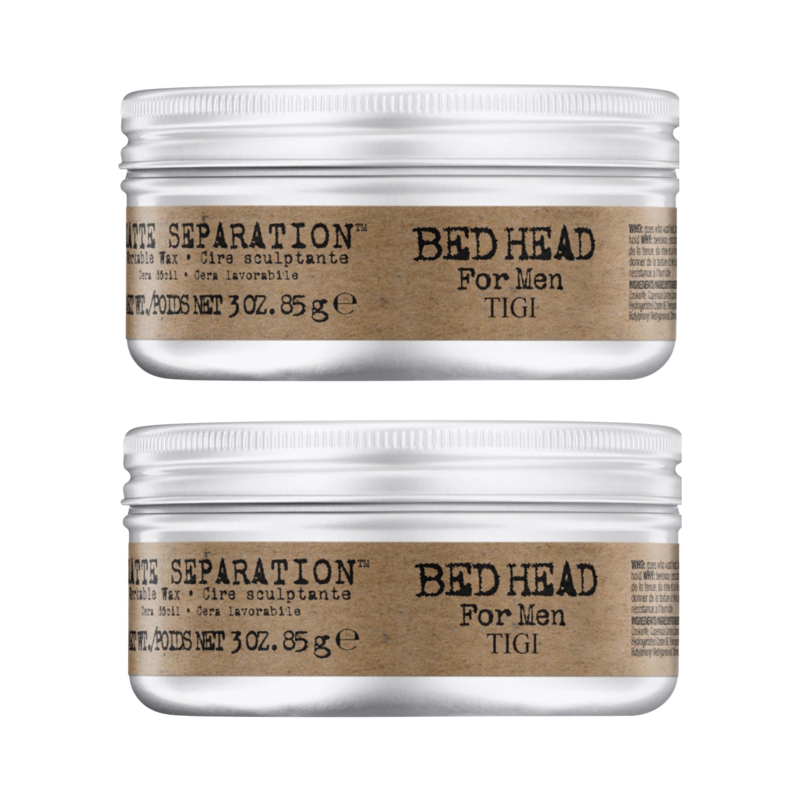 Bed Head Matte Separation Wax bottle demonstrates strong hold and matte finish for defined men's styles.