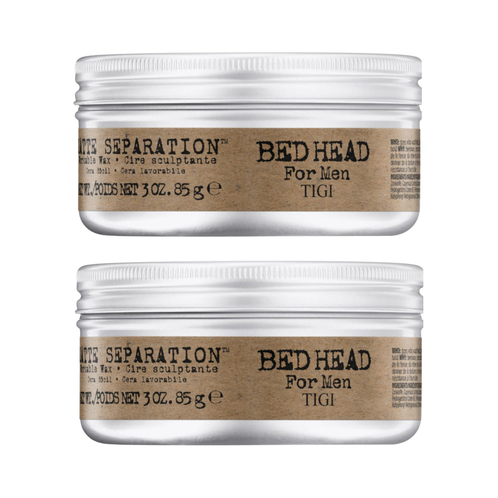 Bed Head Matte Separation Wax bottle demonstrates strong hold and matte finish for defined men's styles.
