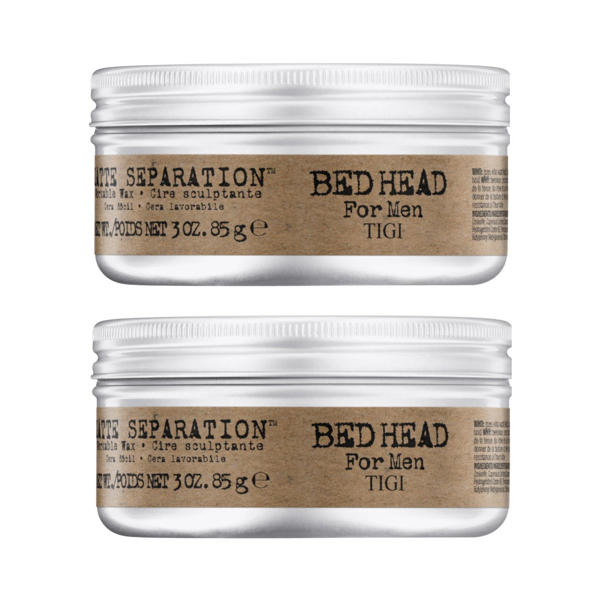 Bed Head Matte Separation Wax bottle demonstrates strong hold and matte finish for defined men's styles.