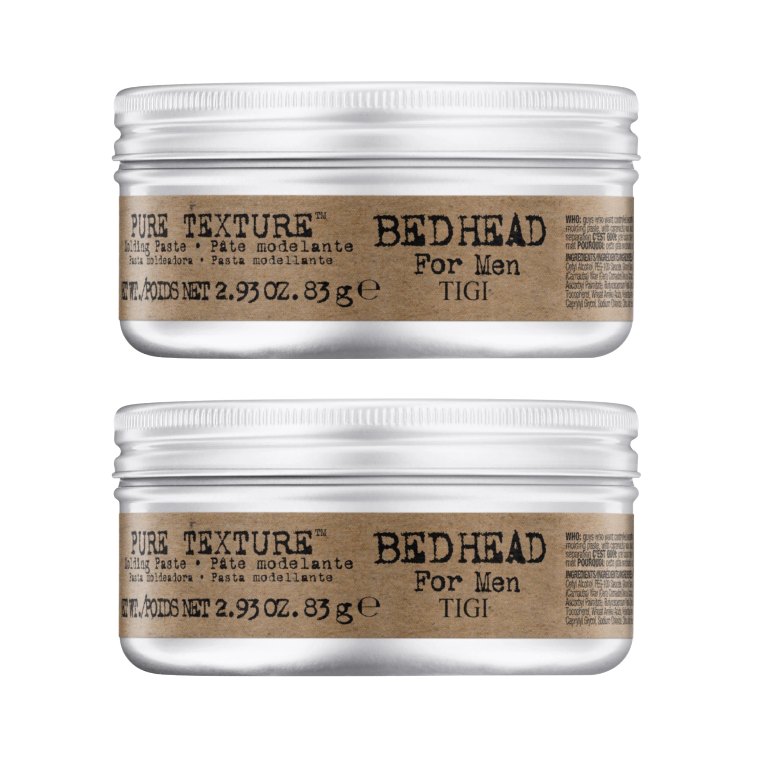 Bed Head Pure Texture Molding Paste jar shows matte texture and versatility for styling.