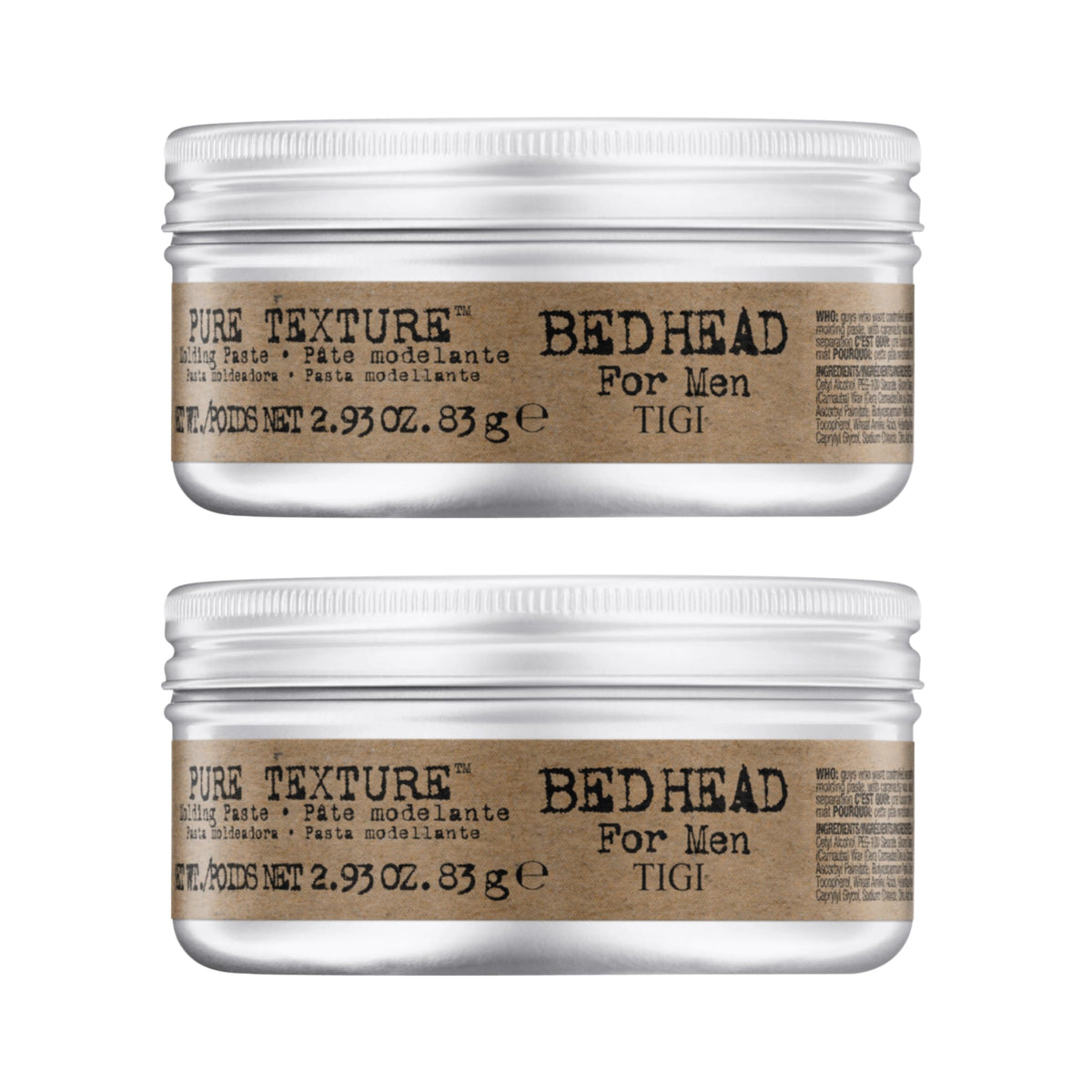 Bed Head Pure Texture Molding Paste jar shows matte texture and versatility for styling.