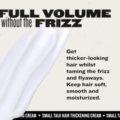 Bed Head Small Talk Mini frizz-control formula smooths flyaways for sleek looks.