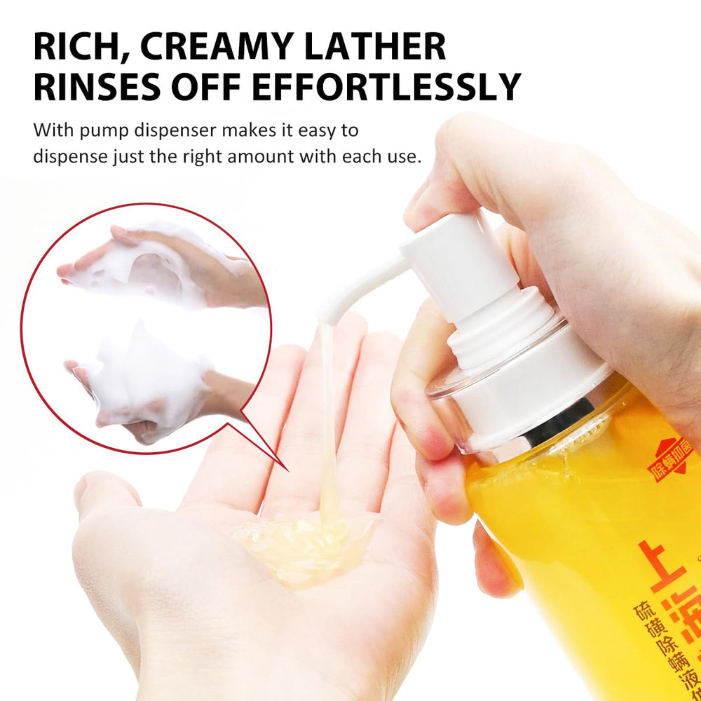 Bee and Flower sulfur soap liquid body wash pour shot implies easy rinse and mild formula.