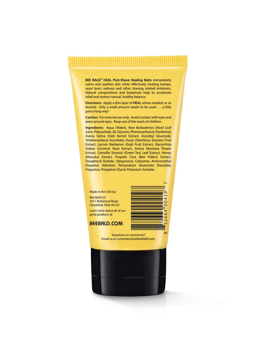 Bee Bald Heal head-face-body image demonstrating versatile post-shave care across body and scalp.