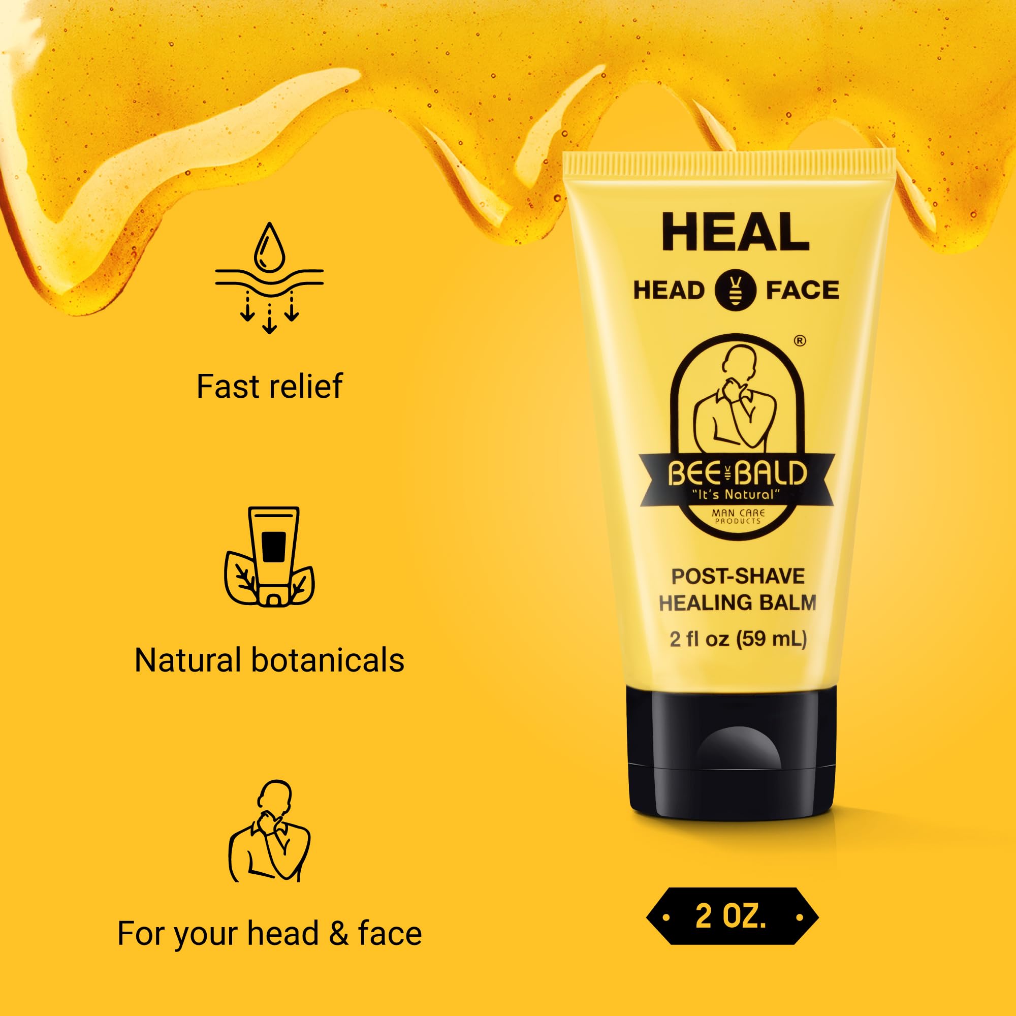 Bee Bald Heal light fragrance visual with botanicals signaling refreshing post-shave experience.