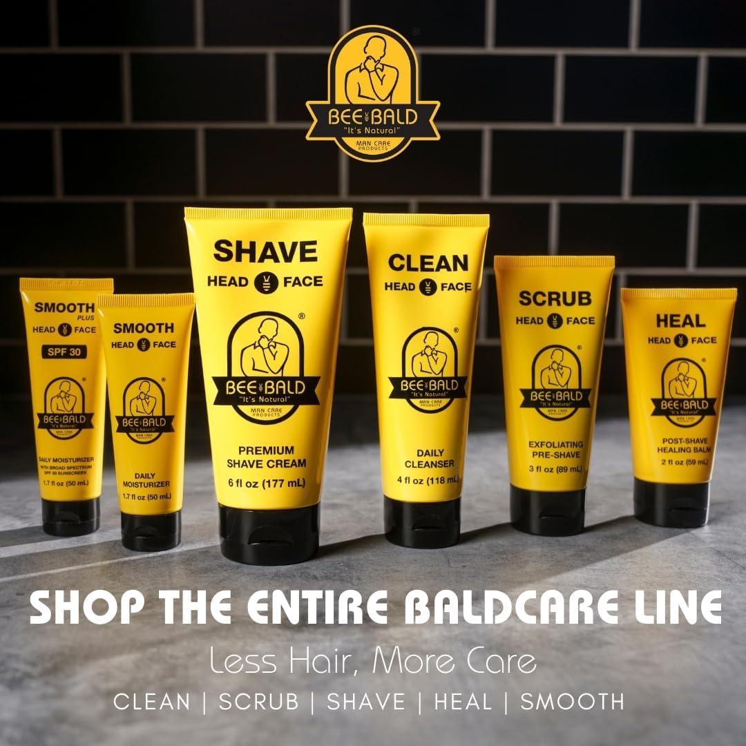Bee Bald Heal razor-burn relief shot highlighting redness reduction after shaving.