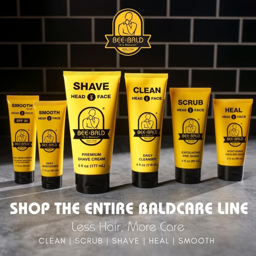 Bee Bald Heal razor-burn relief shot highlighting redness reduction after shaving.