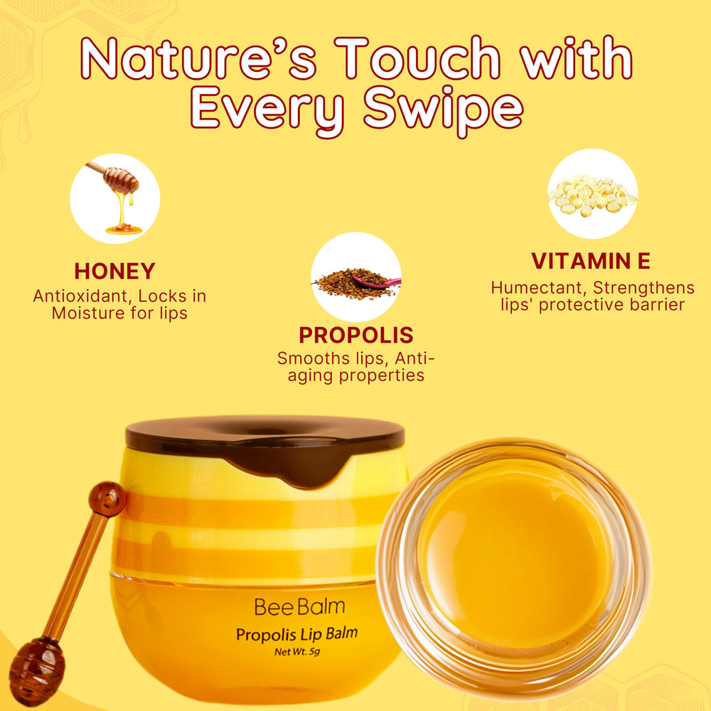 Bee Balm Original Lip Balm label close-up highlights moisturizing ingredients.