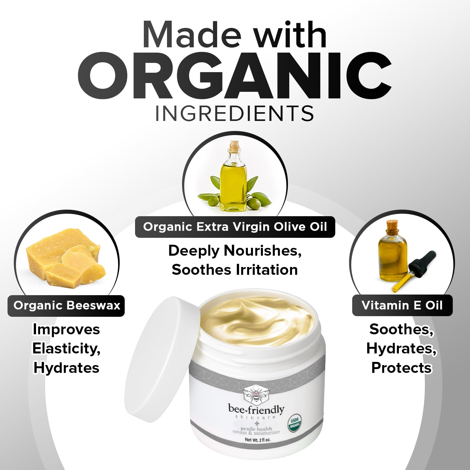 BeeFriendly Penile Health Cream ingredients highlight organic olive oil for skin nourishment