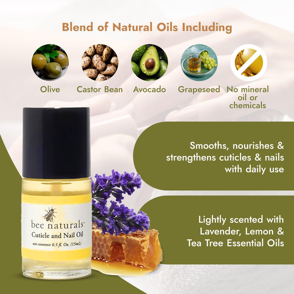 Close-up of avocado and castor oil ingredients in Bee Naturals nail oil