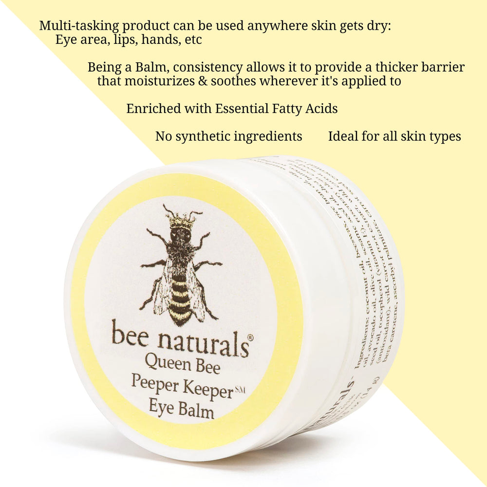 Bee Naturals Queen Eye Balm Duo packaging detail emphasizes vitamin E and natural oils.